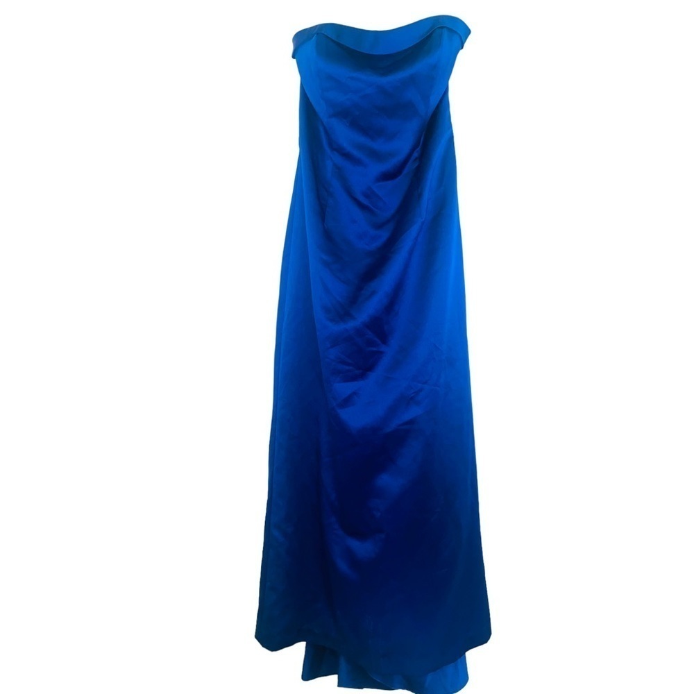 David's Bridal Strapless A line Royal Blue Cascading Train Maxi Dress - Picture 5 of 12